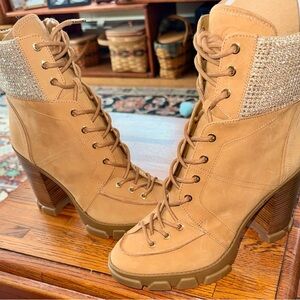 Michael Kors Camel Combat Boots with Glittering Gold Detail